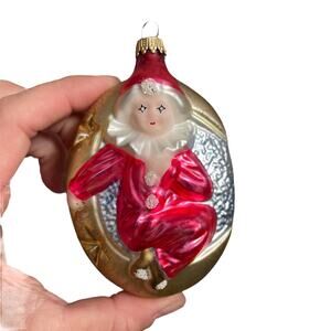 Lauscha Clown in Moon Glass Ornament Germany Christmas No ID Ribbon Hand Blown